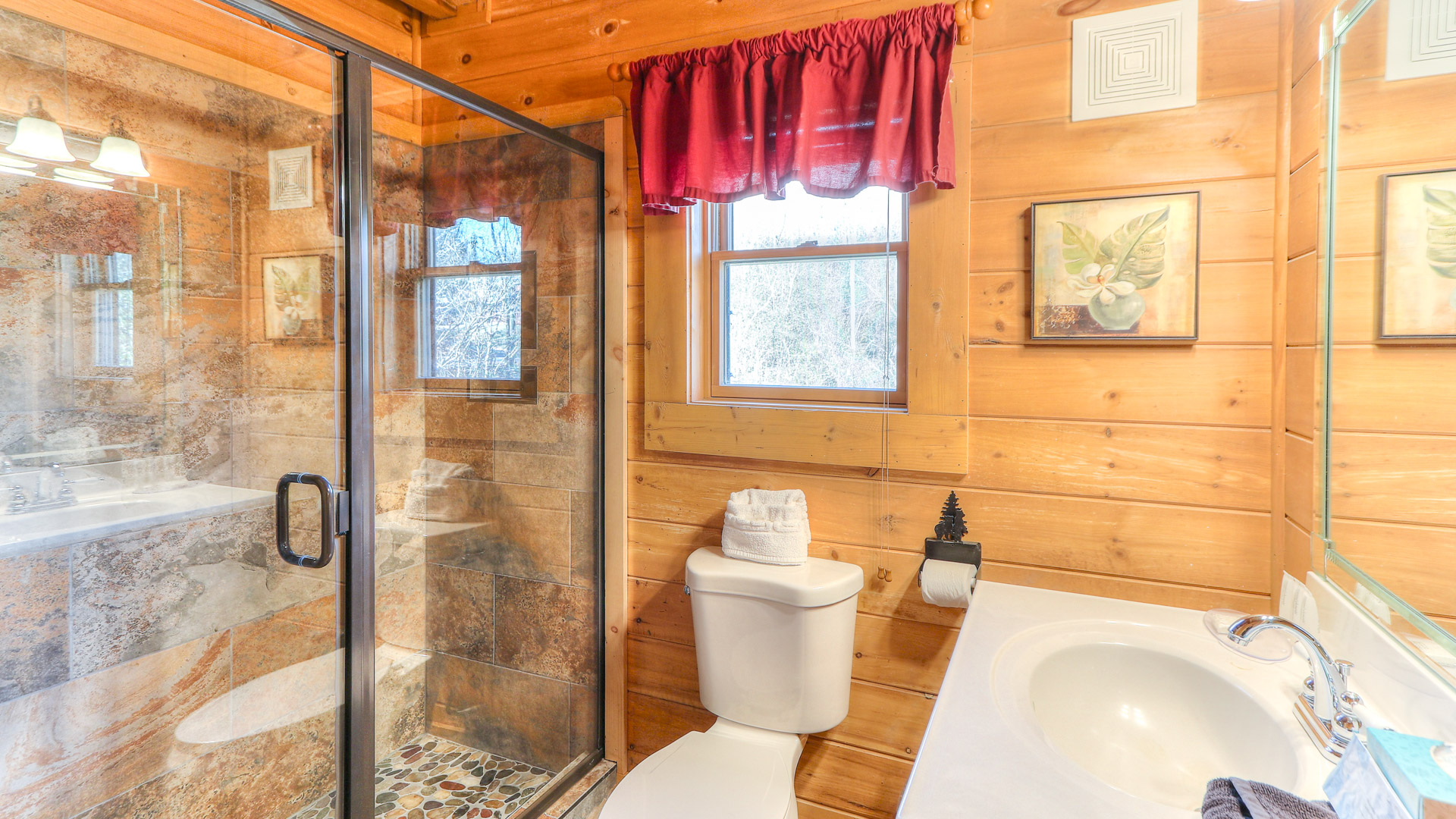a bathroom with a shower and a toilet