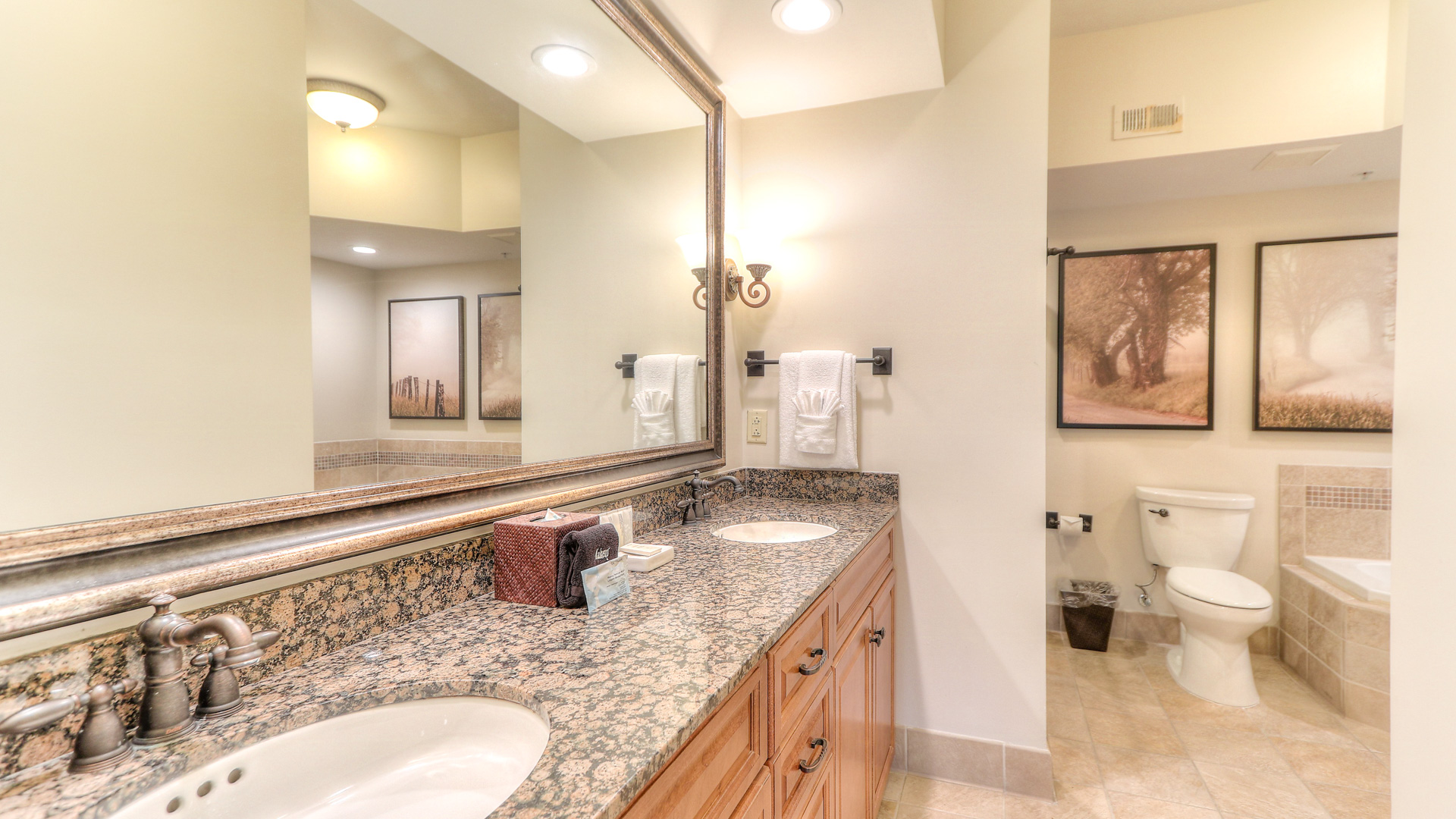 a bathroom with a large mirror