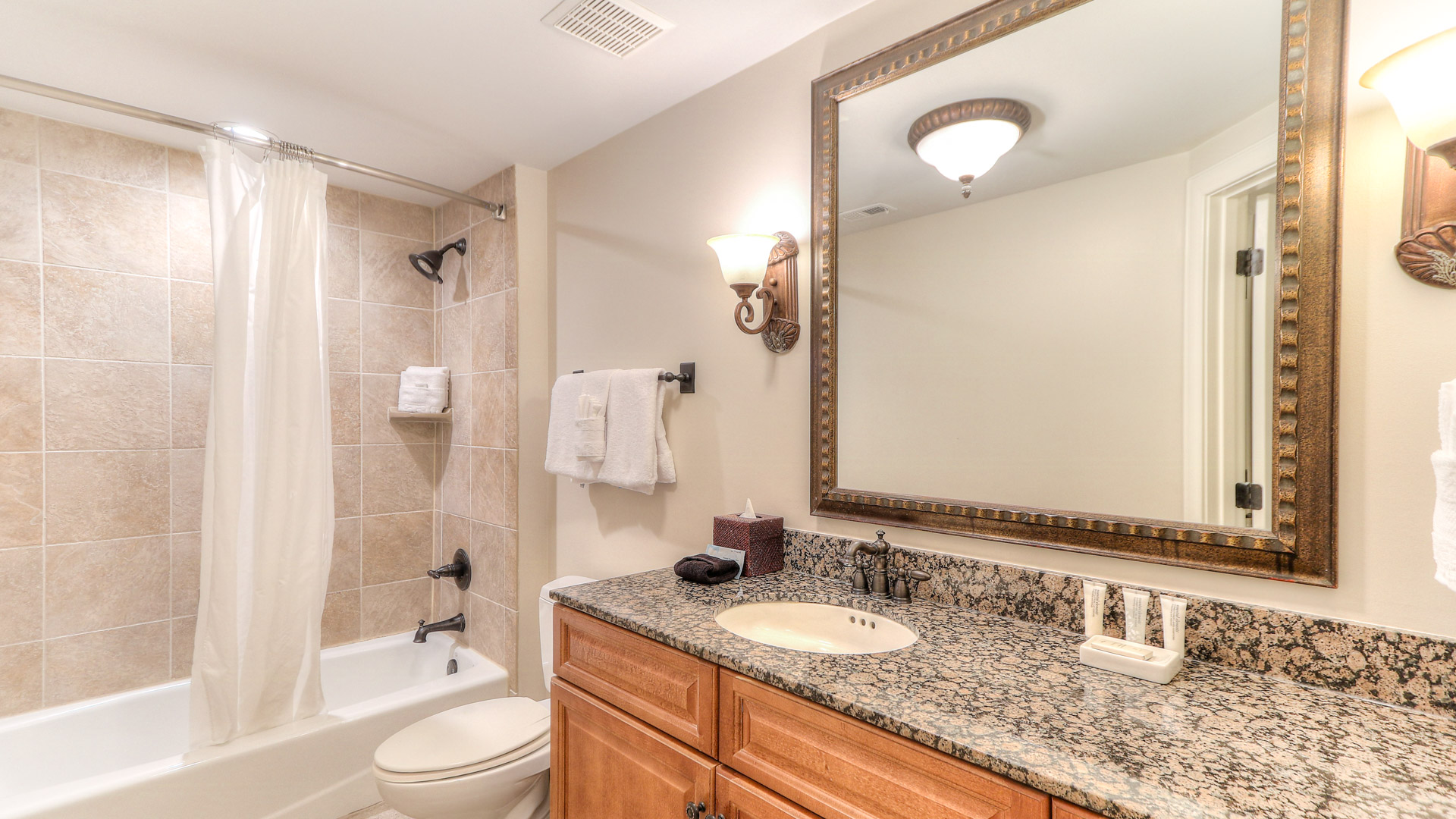 a bathroom with a marble countertop and a toilet