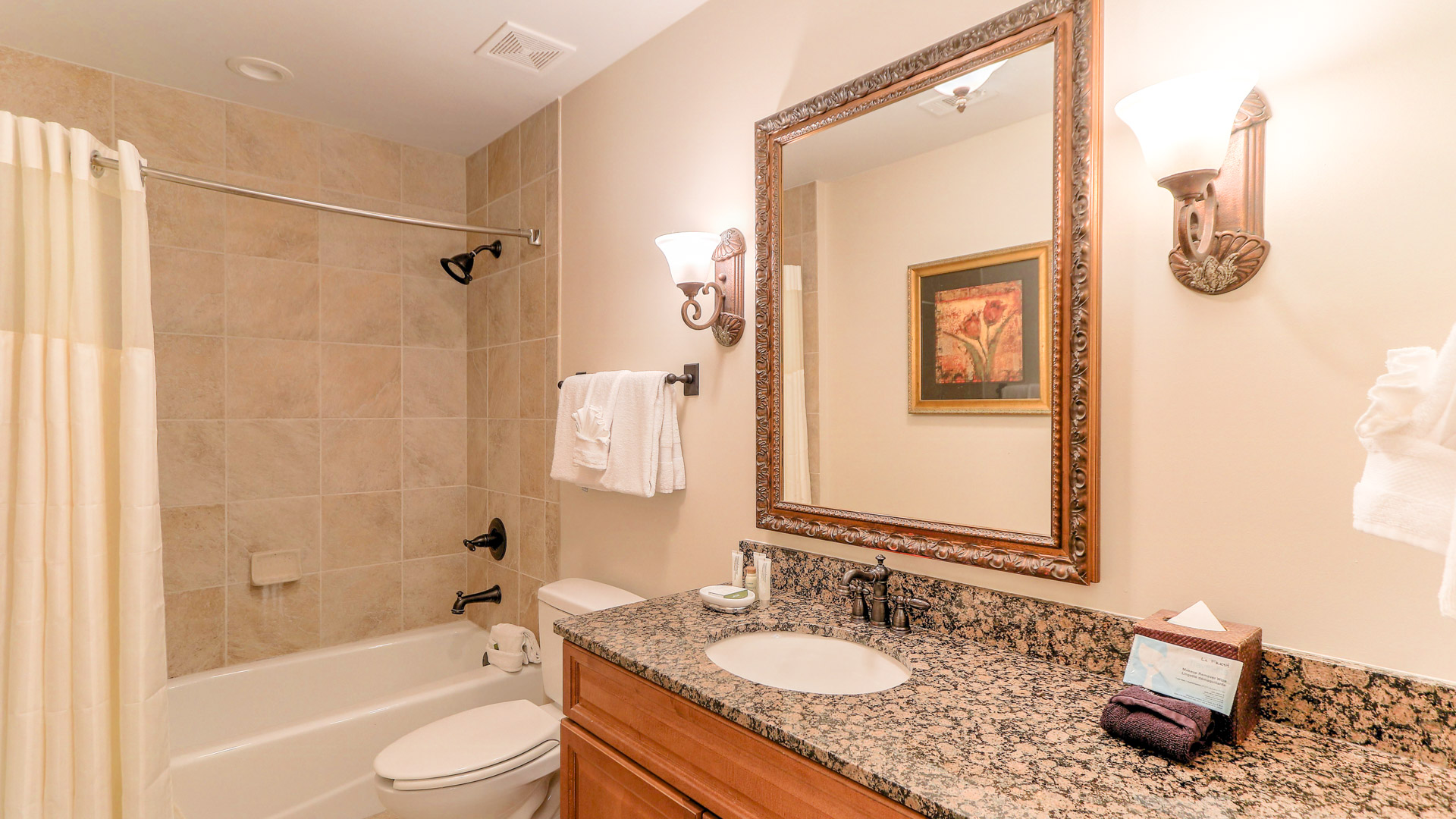 a bathroom with a marble countertop sink and a toilet