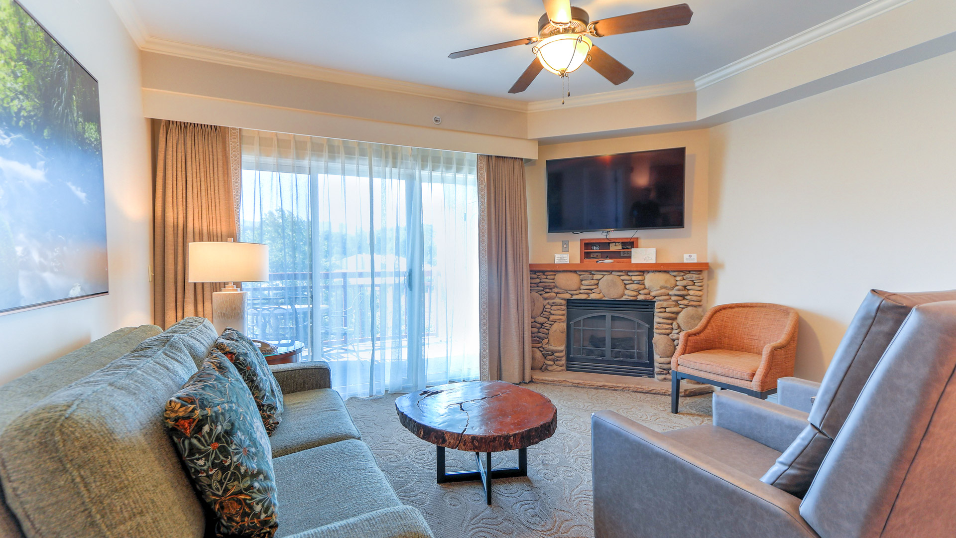 a living room with a fireplace and couches