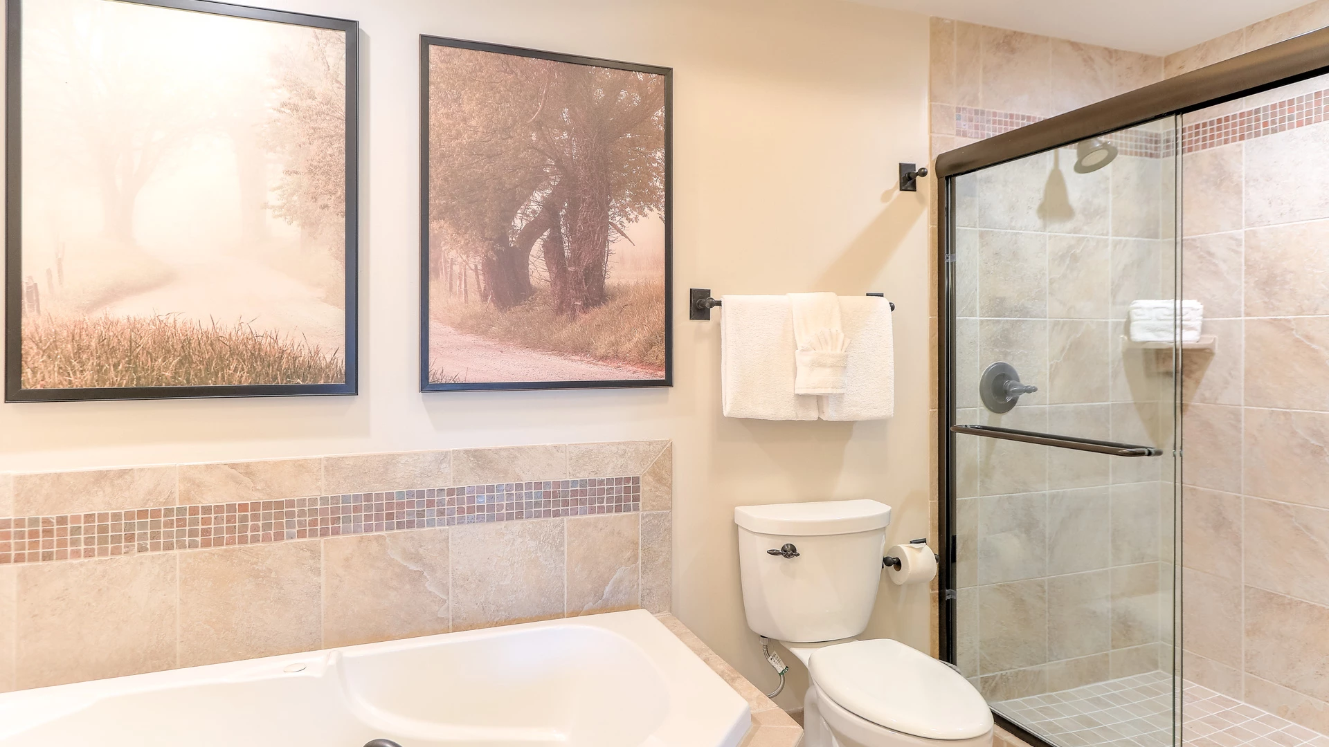 A bathroom with a bathtub, shower, toilet, and tiled walls