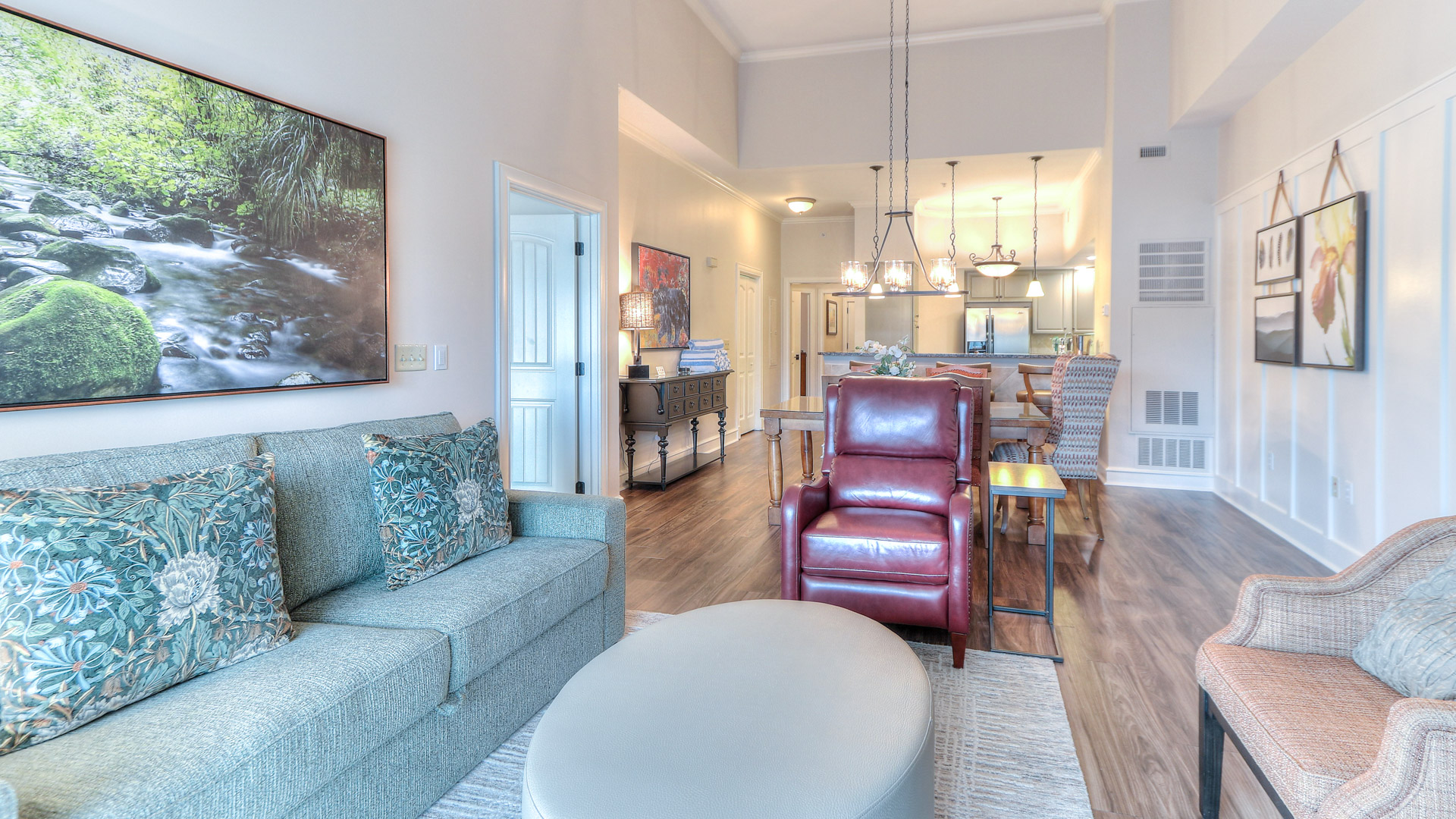 a living room with a couch and a table