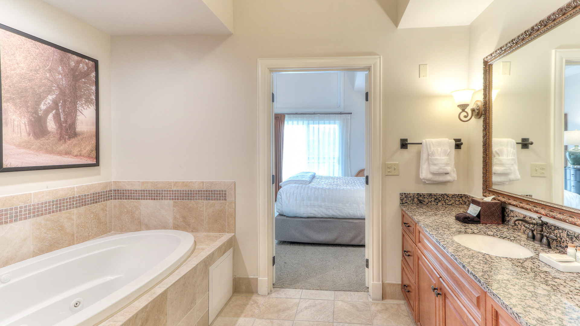 a bathroom with a bathtub and a bed