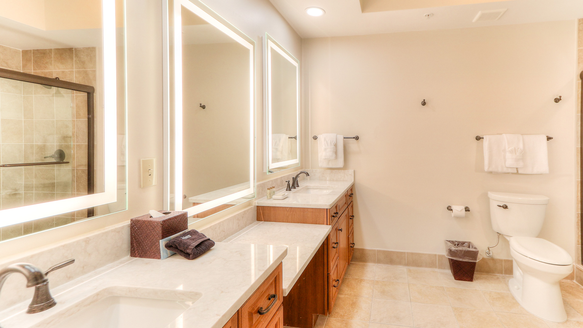 a bathroom with a large mirror and two sinks