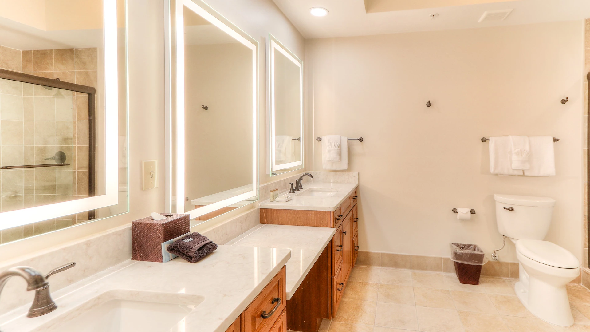 A clean, well-lit bathroom with a double vanity, separate toilet, and shower.