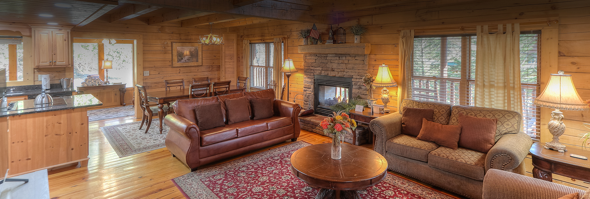 a living room with a fireplace and a couch