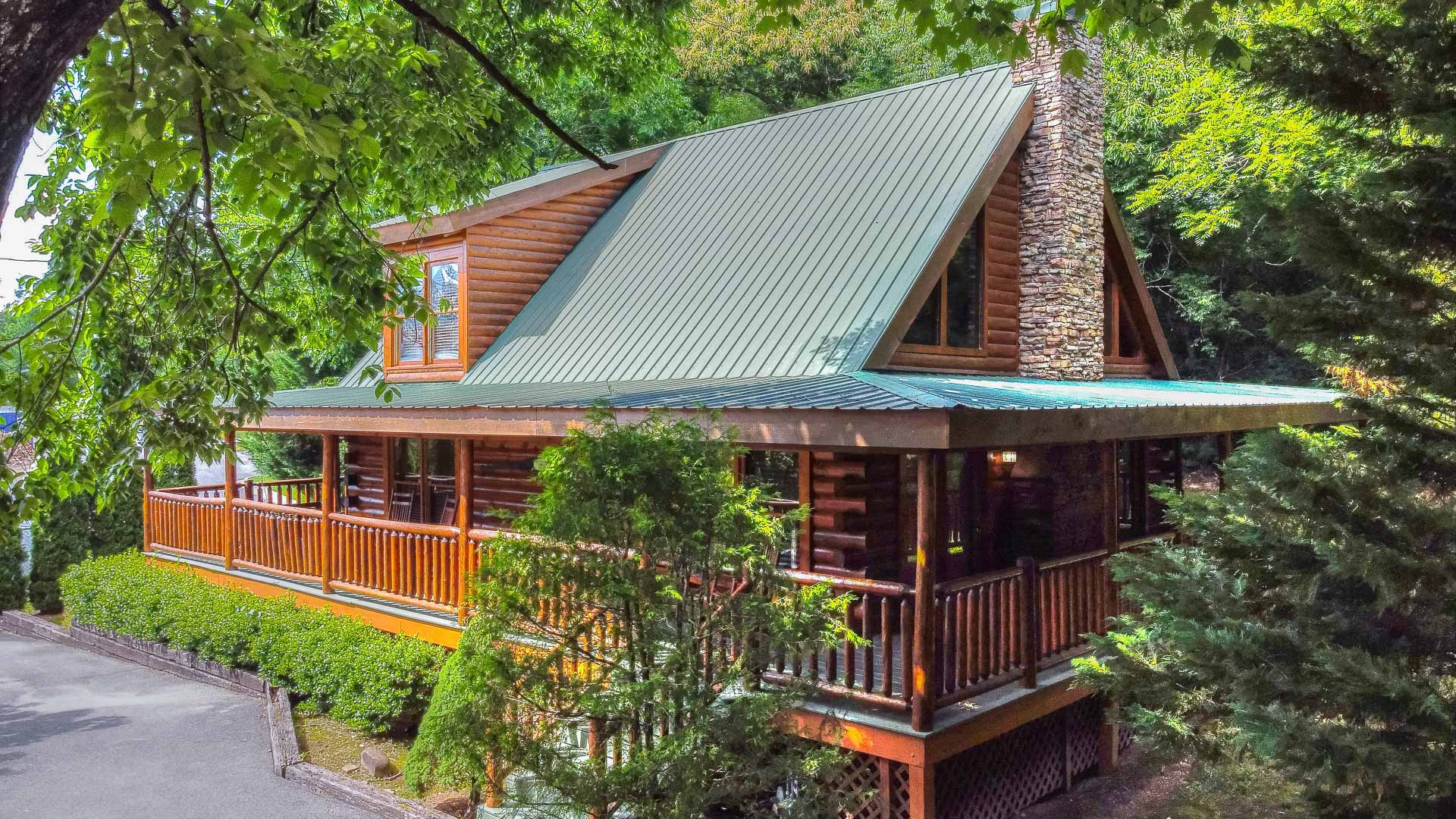 a log cabin with a chimney