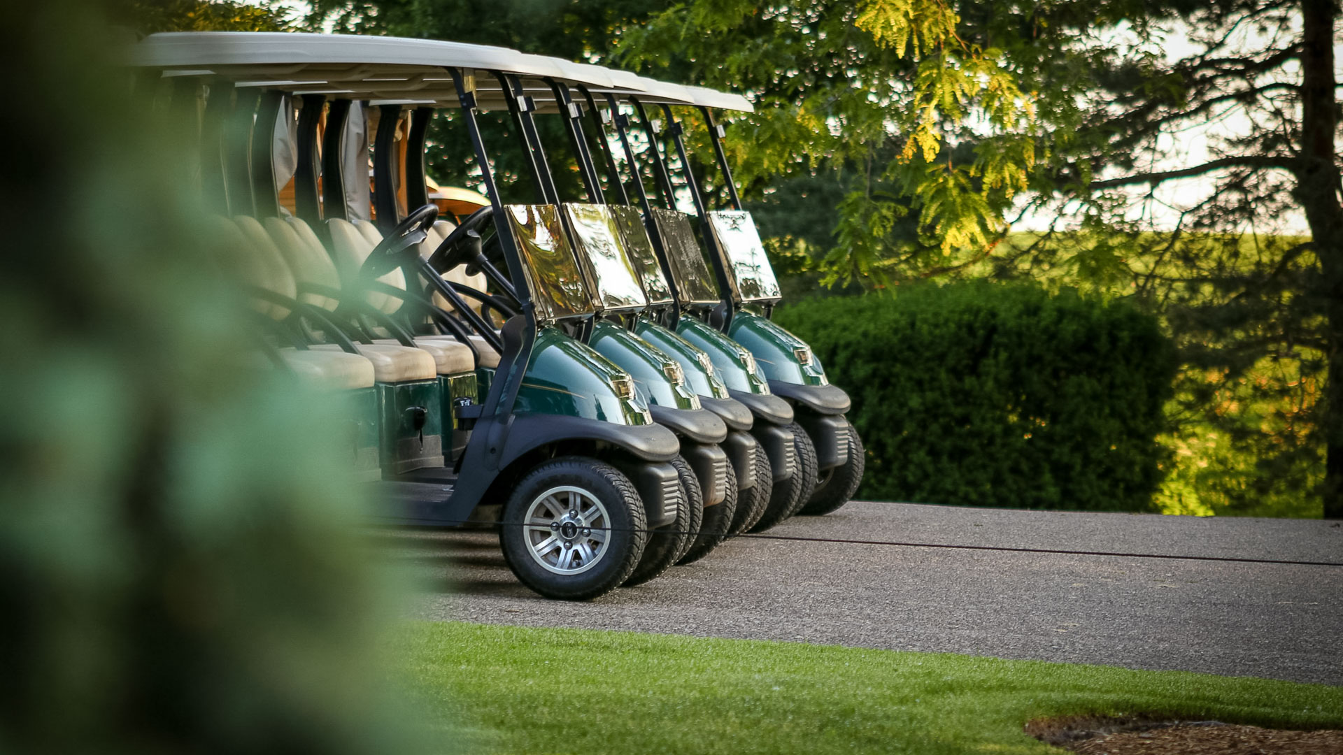 a group of golf carts parked on a road