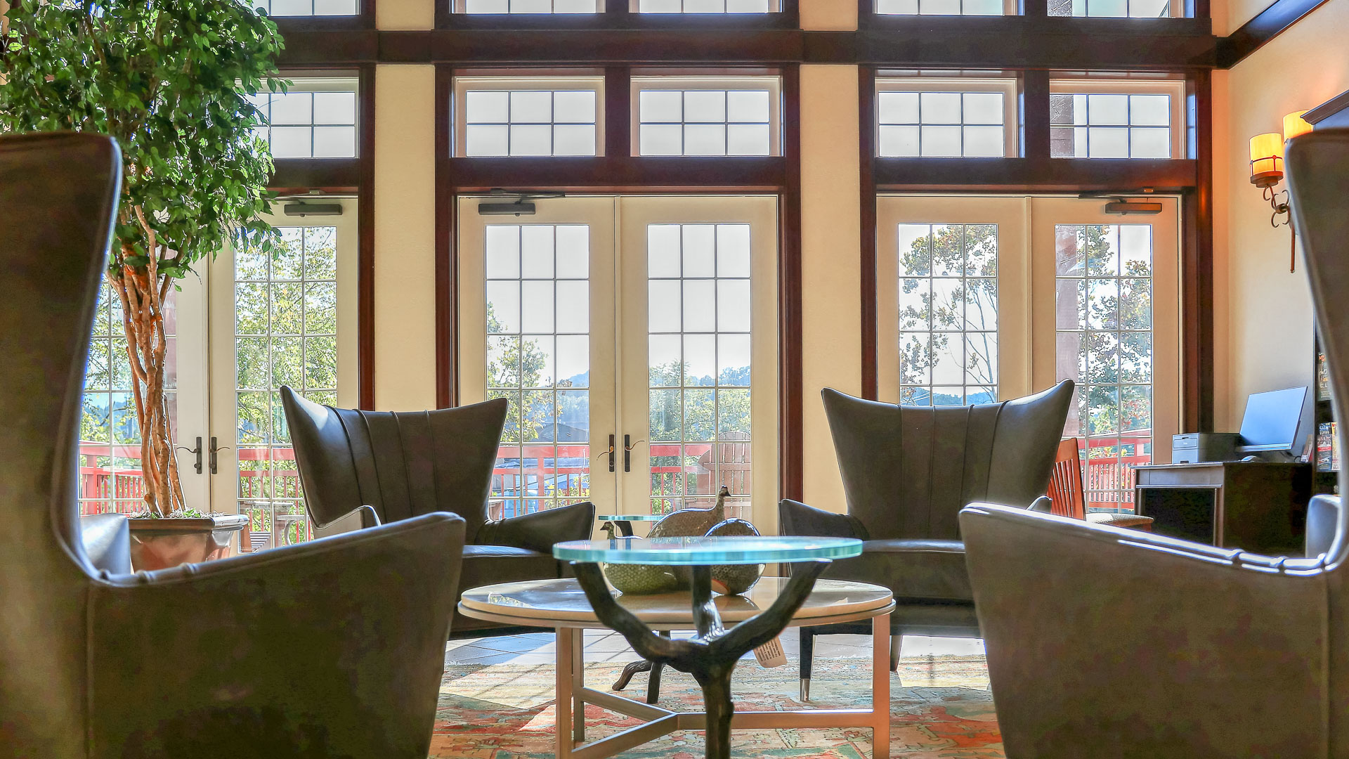 a room with chairs and a table