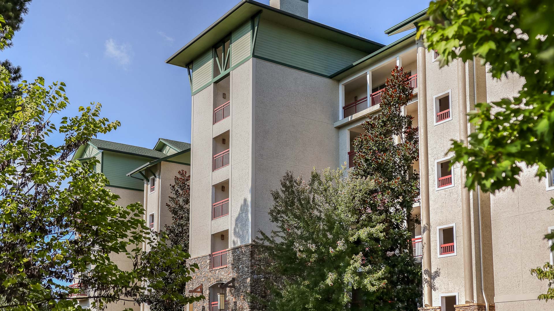a building with trees around it