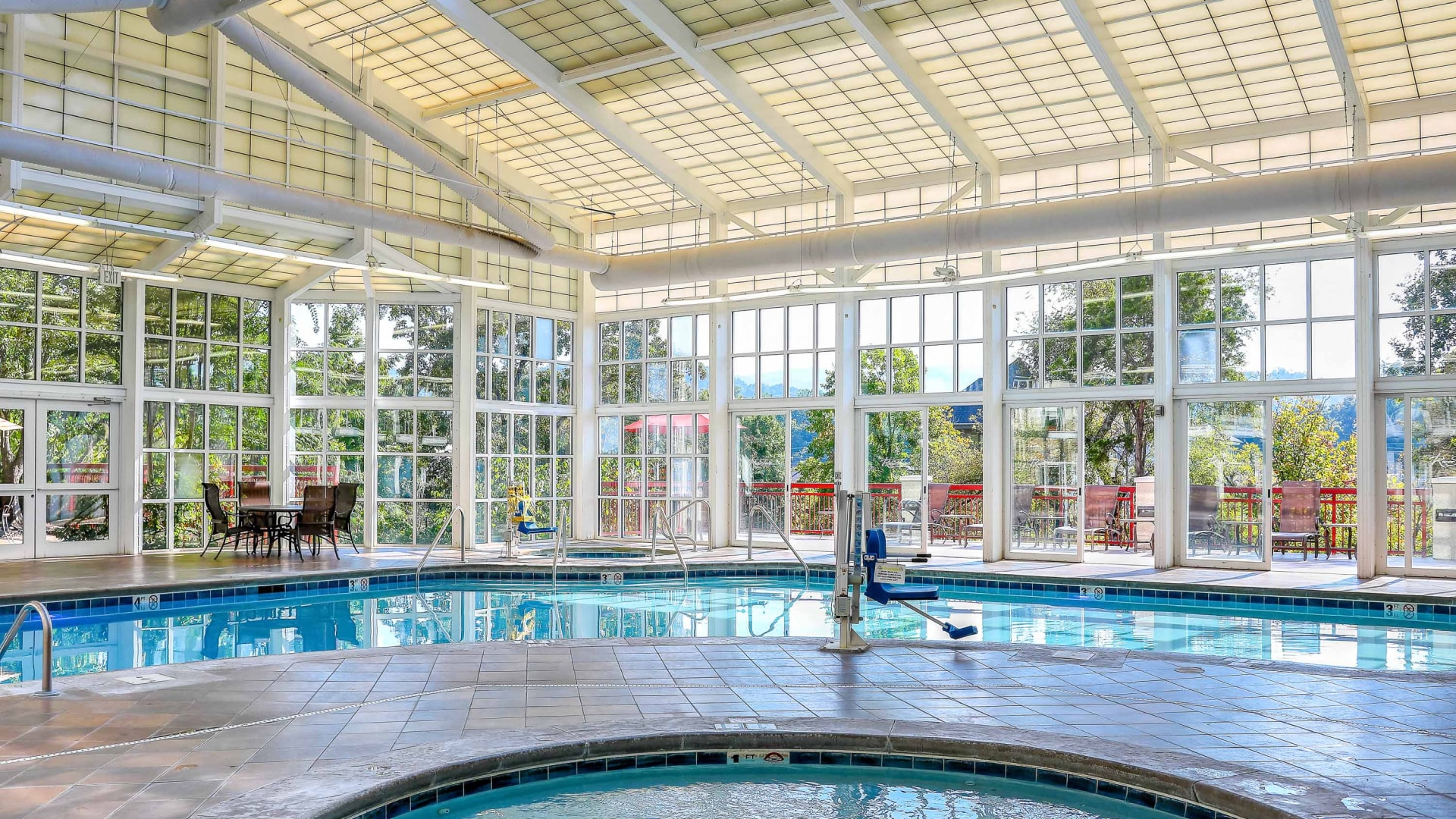 a swimming pool inside a building