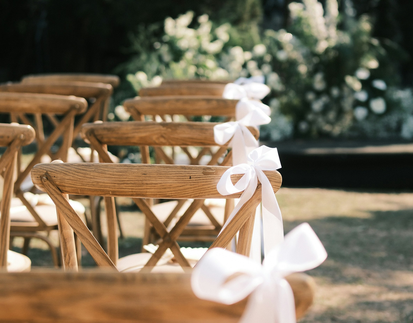 chairs with white bows on them
