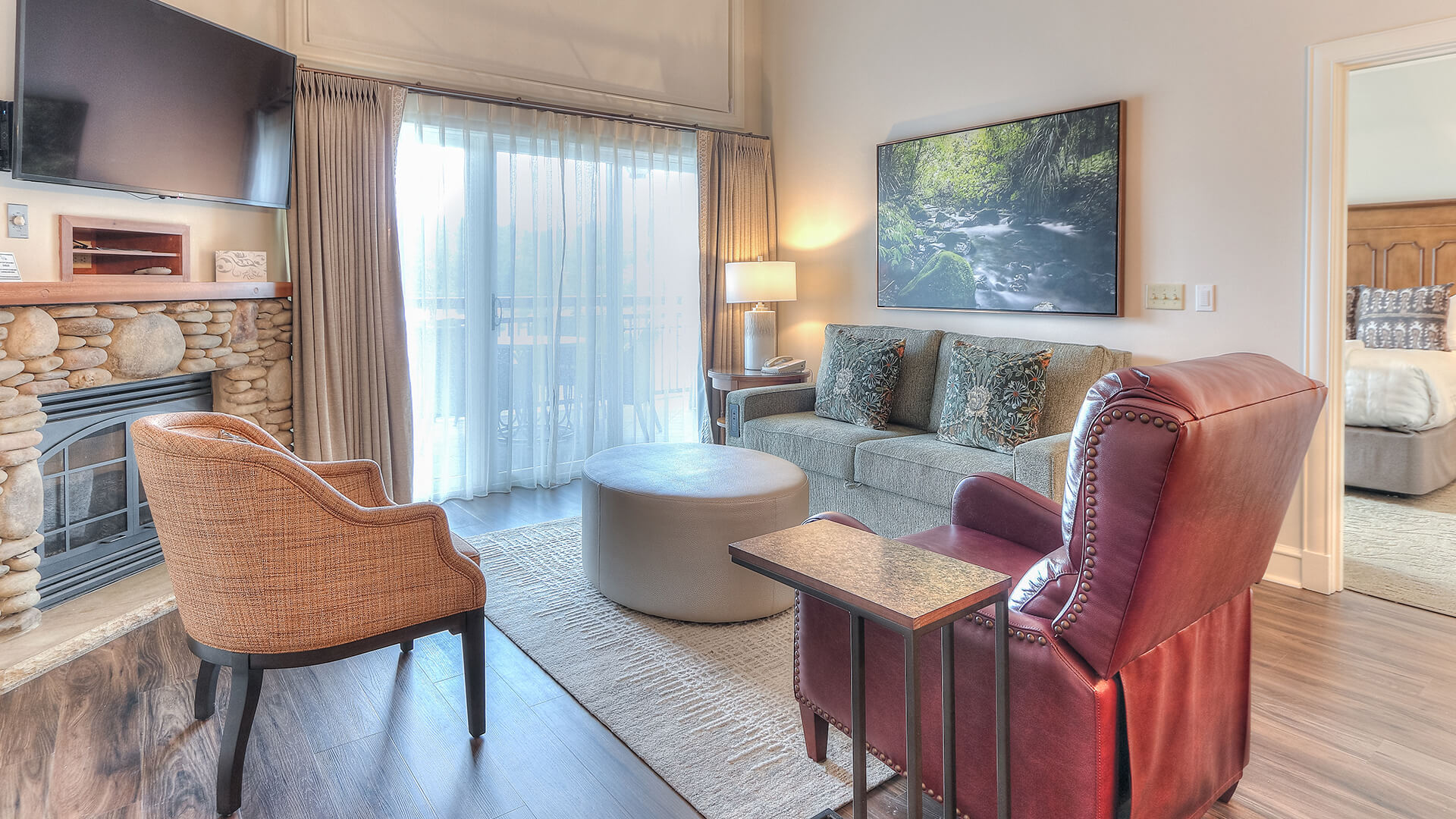 a living room with a couch and a table