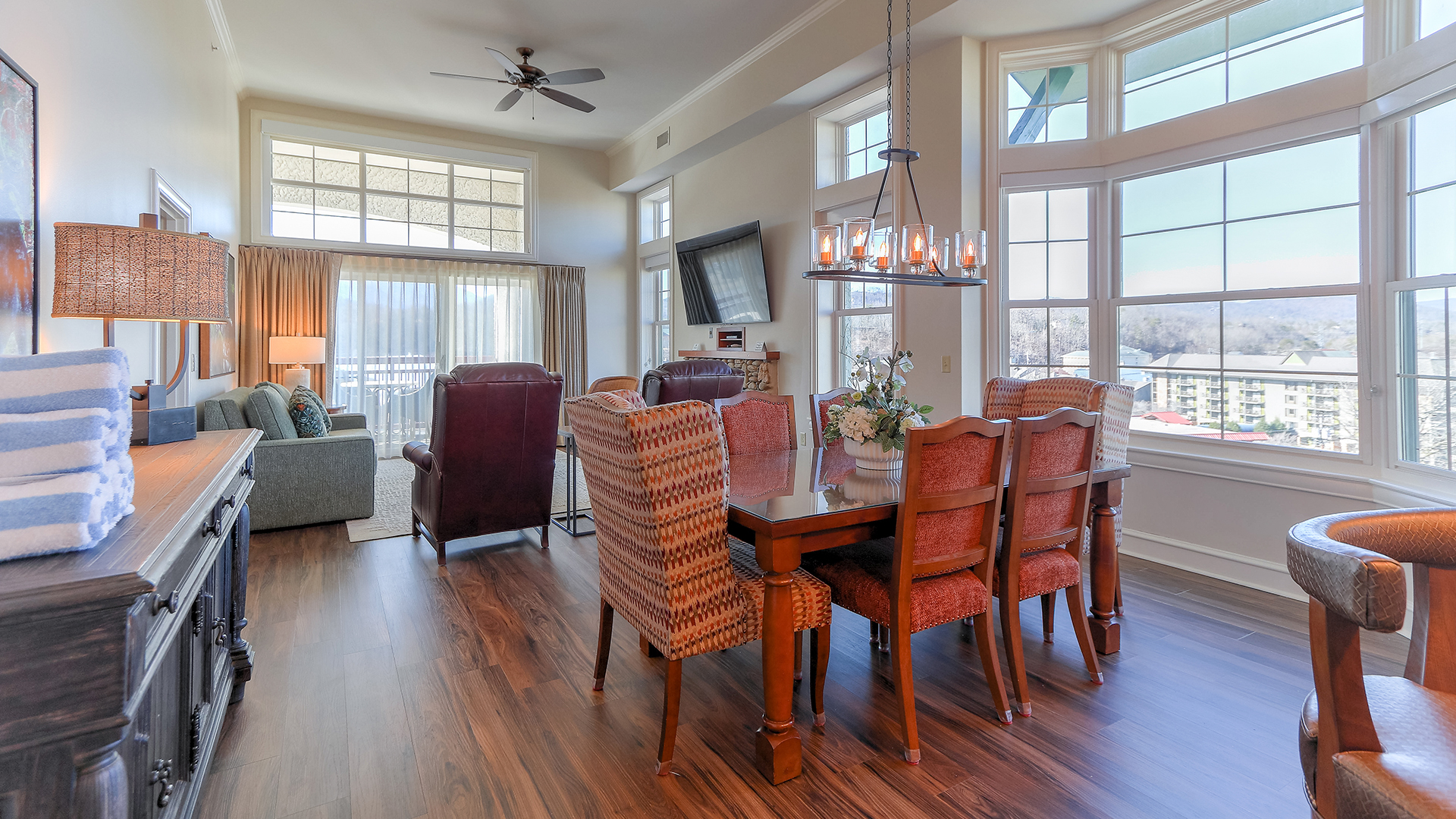 a dining table in a room