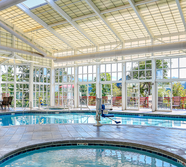a swimming pool inside a building