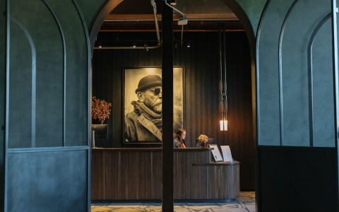 a woman at a reception desk