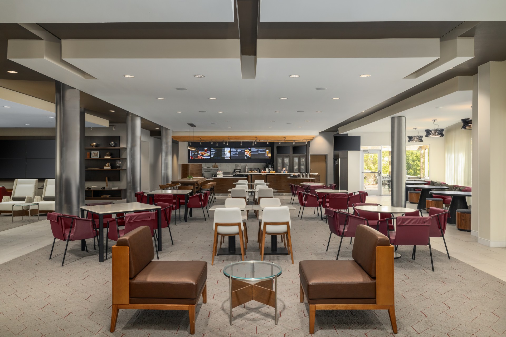 a room with tables and chairs