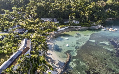a beach with trees and houses