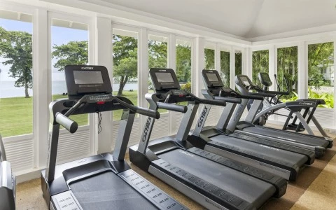 a group of treadmills in a room with windows