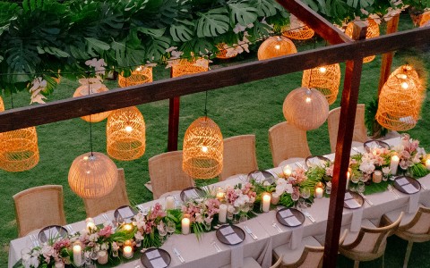 a long table set for a dinner party