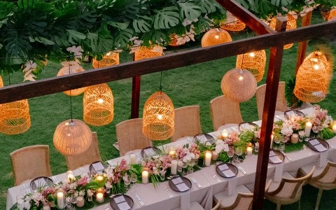 a long table set for a dinner party