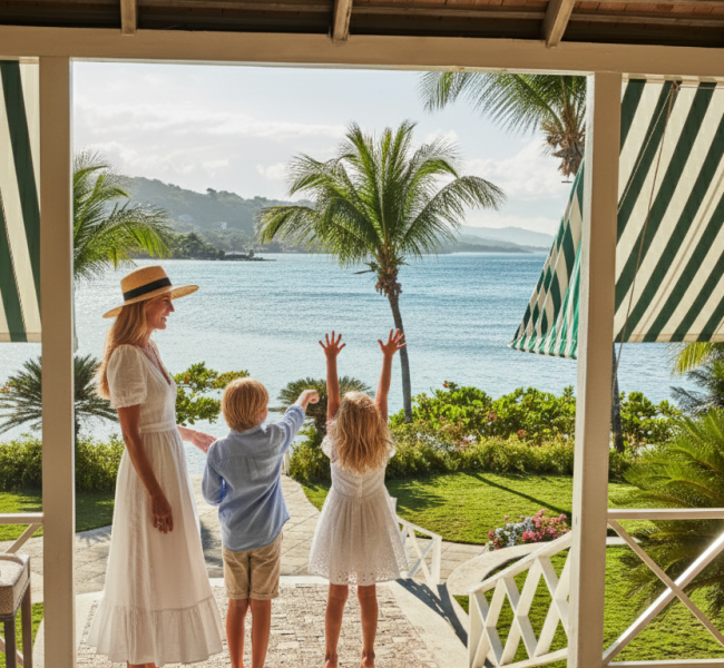 a woman and two children standing on a porch with a view of the ocean