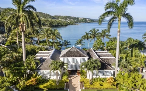 a house with palm trees and a body of water