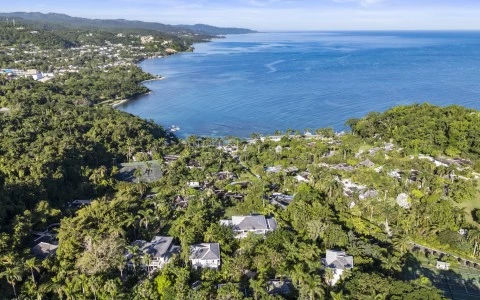 a aerial view of a town surrounded by trees and a body of water