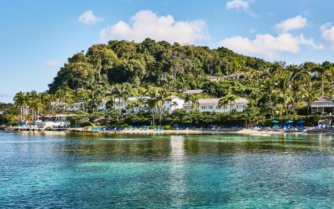 a body of water with a building and trees