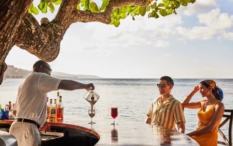 a group of people sitting at a table with drinks and a tree