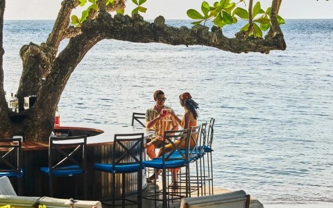 a couple sitting at a table under a tree on a beach