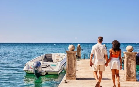 a man and woman holding hands walking on a dock with a boat in the water