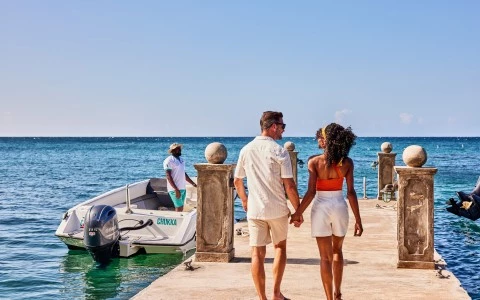 a man and woman holding hands on a dock with a boat in the water