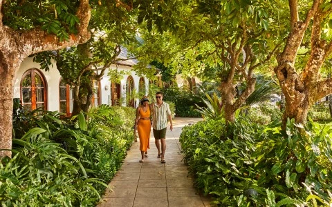 a man and woman walking down a path with trees and plants