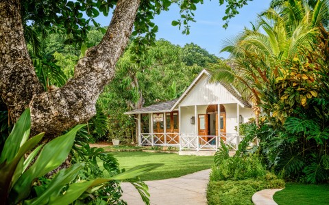 a white house with a walkway and trees
