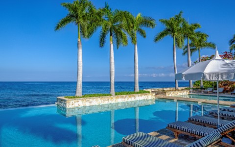 a pool with palm trees and a beach umbrella