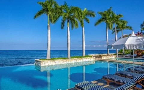 a pool with palm trees and a beach umbrella