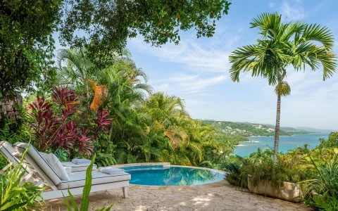 a pool with a view of the ocean and trees