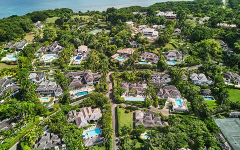 a group of houses with trees around it