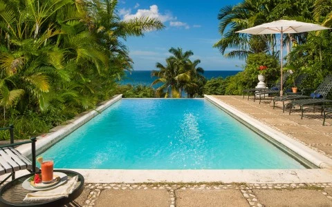 a pool with a deck and chairs and trees