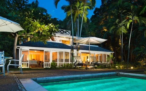 a house with a pool and trees