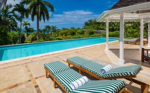 a pool with lounge chairs and palm trees