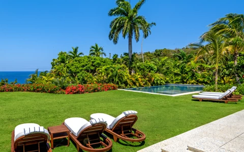 a lawn chairs and a pool in a garden