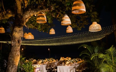 a tree with tables and lamps from it