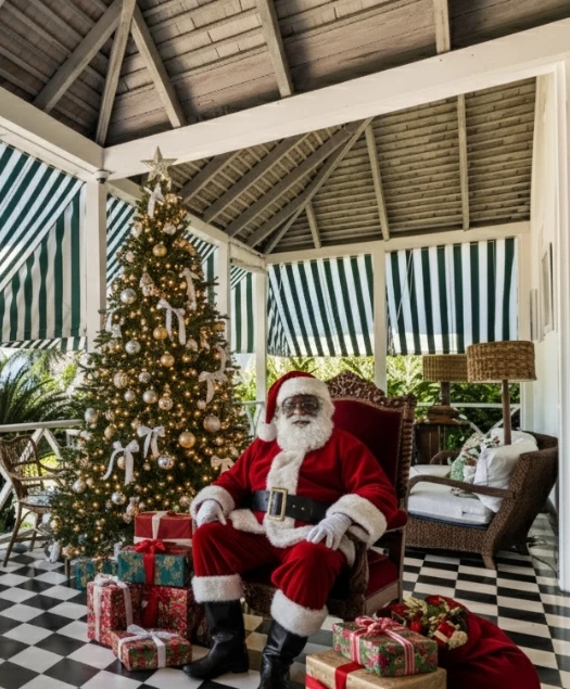 a santa claus sitting in a chair with presents next to a christmas tree