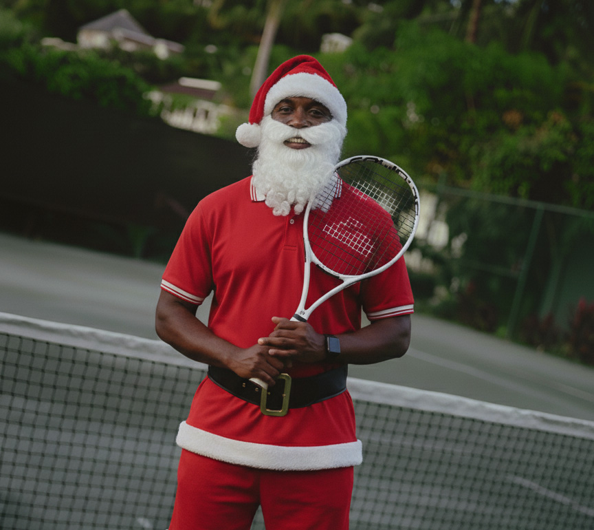 a man wearing a santa garment holding a tennis racket