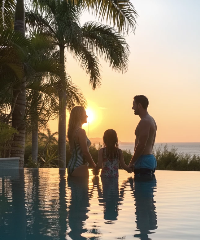 a group of people standing in a pool with palm trees and a sunset