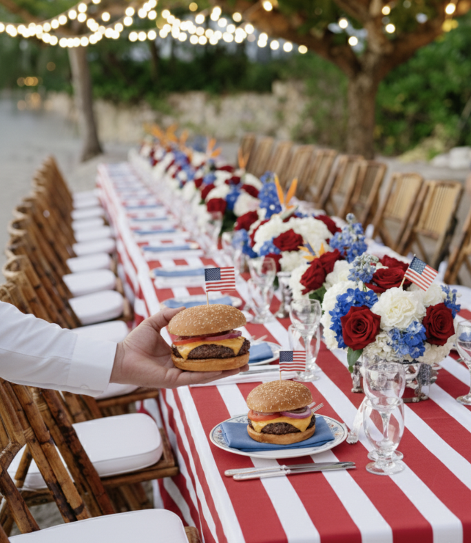 a table with a table set with a burger and flowers