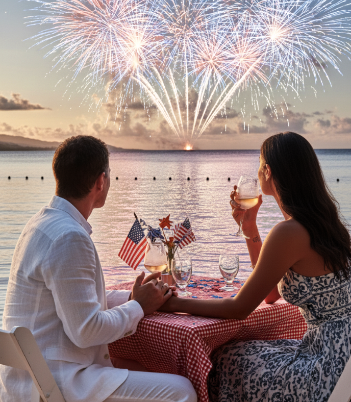 a man and woman sitting at a table with drinks and fireworks in the background